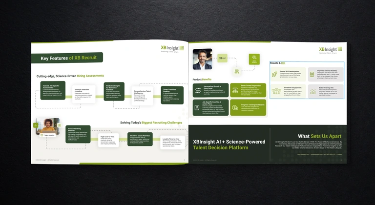 XB Insight brochures showing the cohesive green and white information design